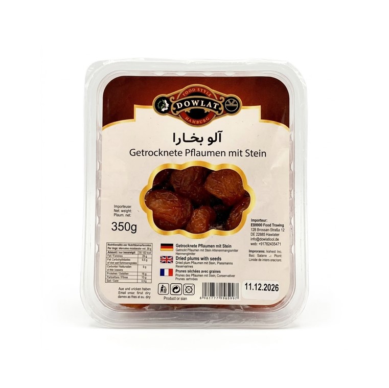 Dowlat Hamburg Aloo Bokhara 350g – Persische getrocknete Pflaumen mit Stein (Schale)