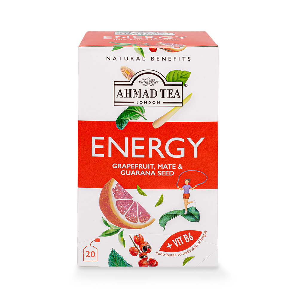 Ahmad Tea Energy 20 Teebeutel (30g) – Kräutertee mit Grapefruit, Mate, Guarana & Vitamin B6 (Packung)