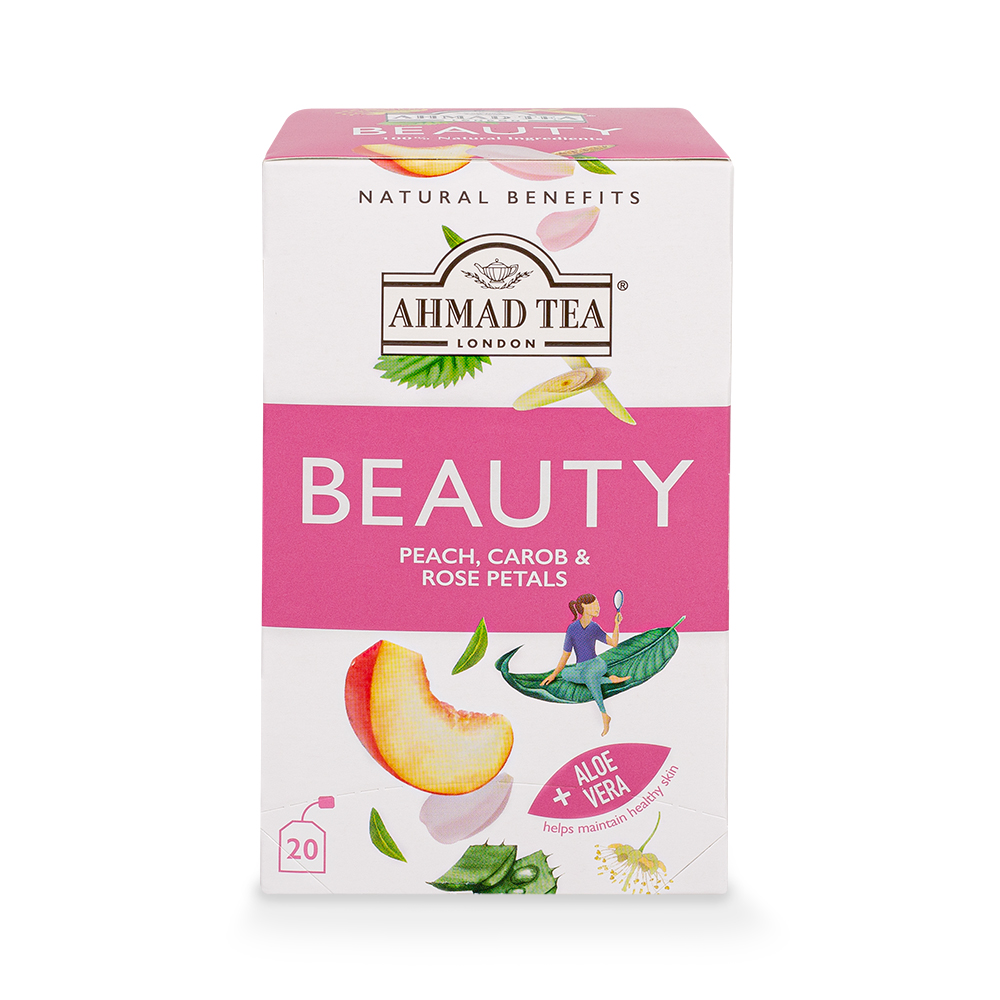 Ahmad Tea Beauty 20 Teebeutel (30g) – Kräutertee mit Pfirsich, Karob, Rosenblüten & Aloe Vera (Packung)
