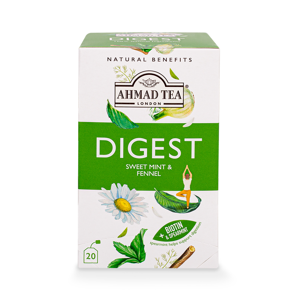 Ahmad Tea Digest 20 Teebeutel (40g) – Kräutertee mit Minze, Fenchel, Kamille & Biotin (Packung)
