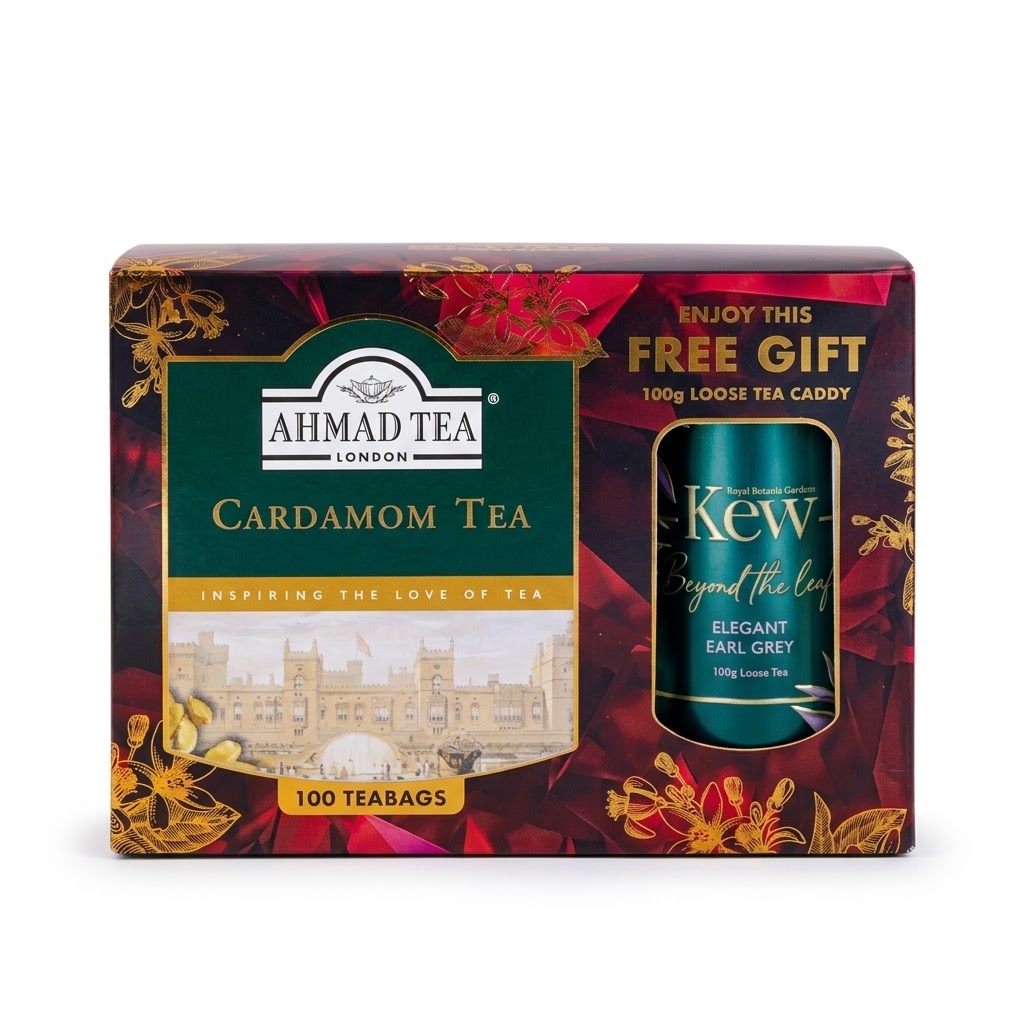 Ahmad Tea 40th Anniversary Gift Pack 300g – Kardamom-Tee (100 Beutel) + Kew Earl Grey Dose (100g)