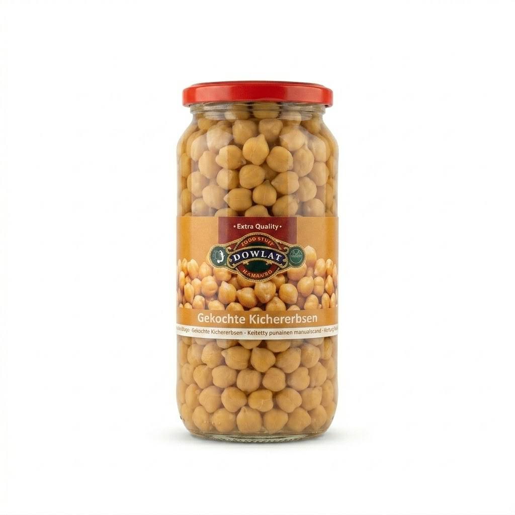 Dowlat Gekochte Kichererbsen 580g – Zarte Kichererbsen im Glas (Abtropfgewicht 400g)