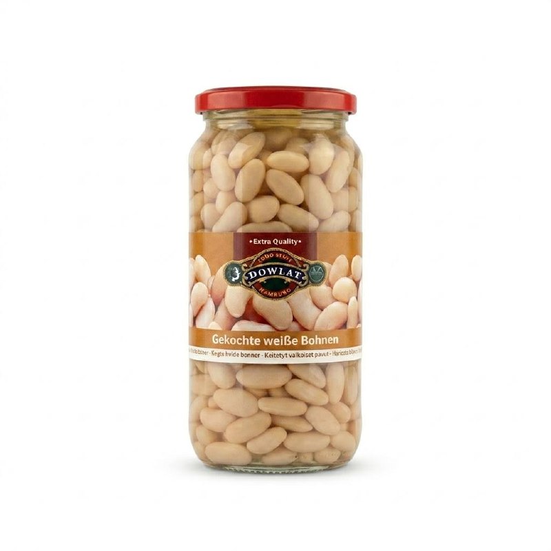Dowlat Gekochte weiße Bohnen 580g – Zarte weiße Bohnen im Glas (Abtropfgewicht 400g)