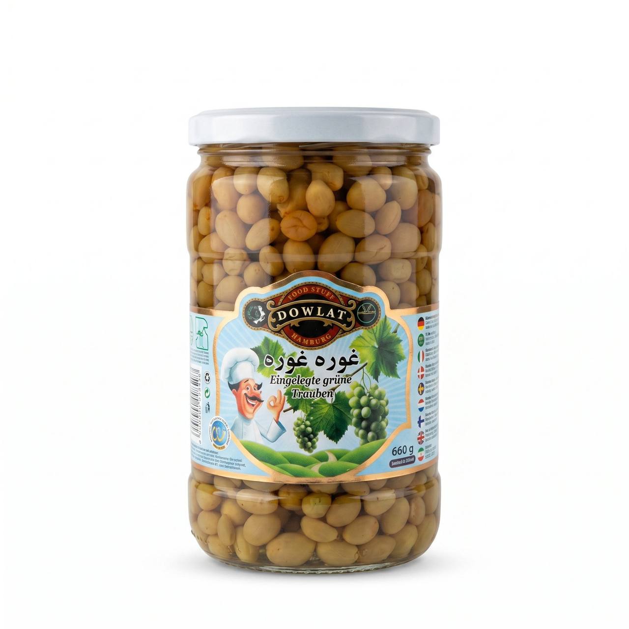 Dowlat Eingelegte grüne Trauben 660g – Saure Trauben (Ghooreh) in Salzlake (Glas)
