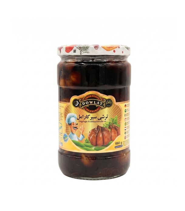 Dowlat Eingelegter Knoblauch Karamell 660g – Ganze Knoblauchknollen in Essig & Karamell (Glas)
