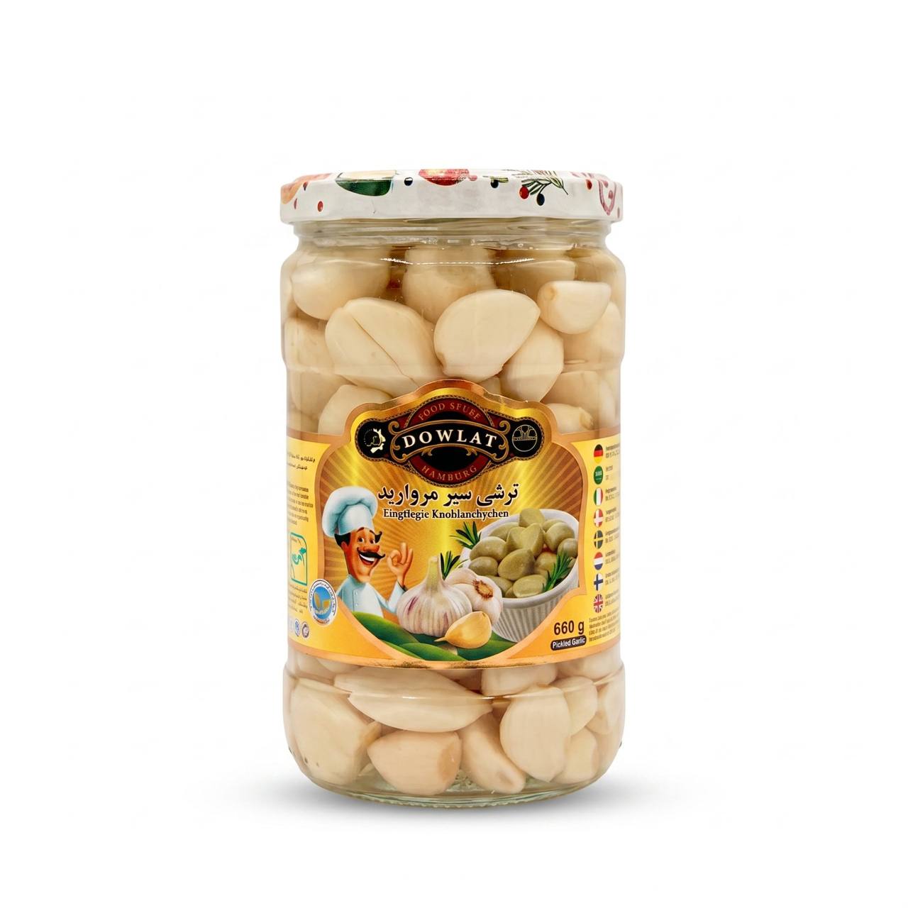 Dowlat Eingelegte Knoblauchzehen 660g – Perlenknoblauch in klarem Essigsud (Glas)