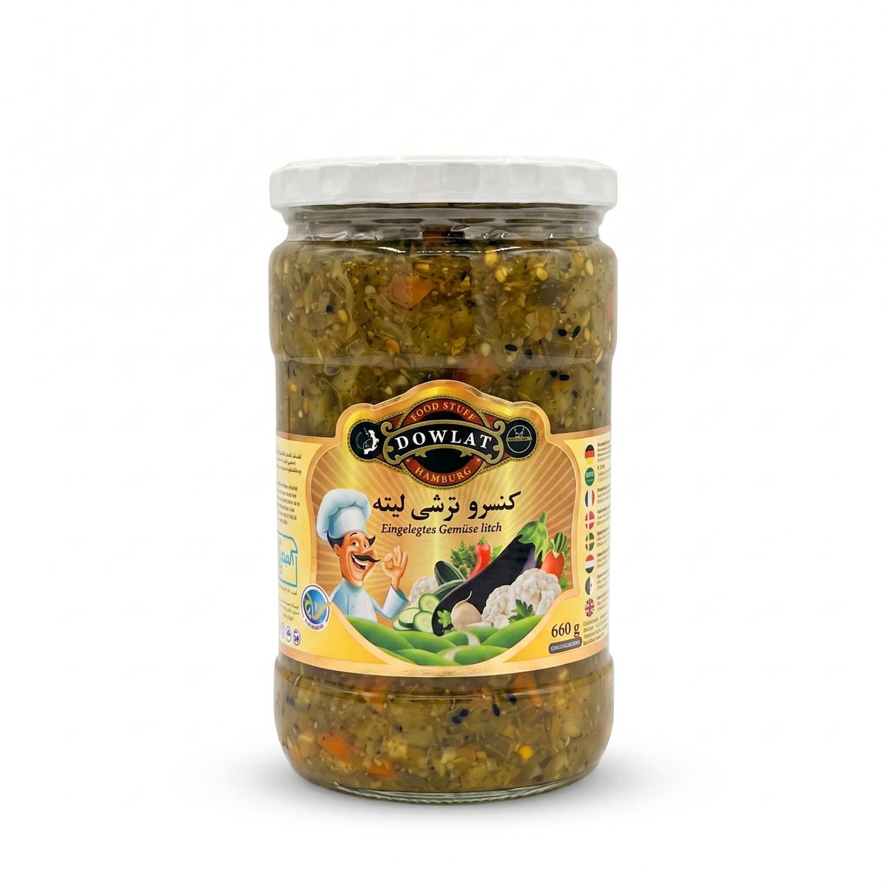 Dowlat Eingelegtes Gemüse Liteh 660g – Feingehacktes Sauergemüse (Torshi Liteh Glas)