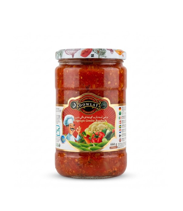 Dowlat Eingelegtes Gemüse Bandari 660g – Scharf-würzige Gemüsemischung mit Tomatenmark (Glas)