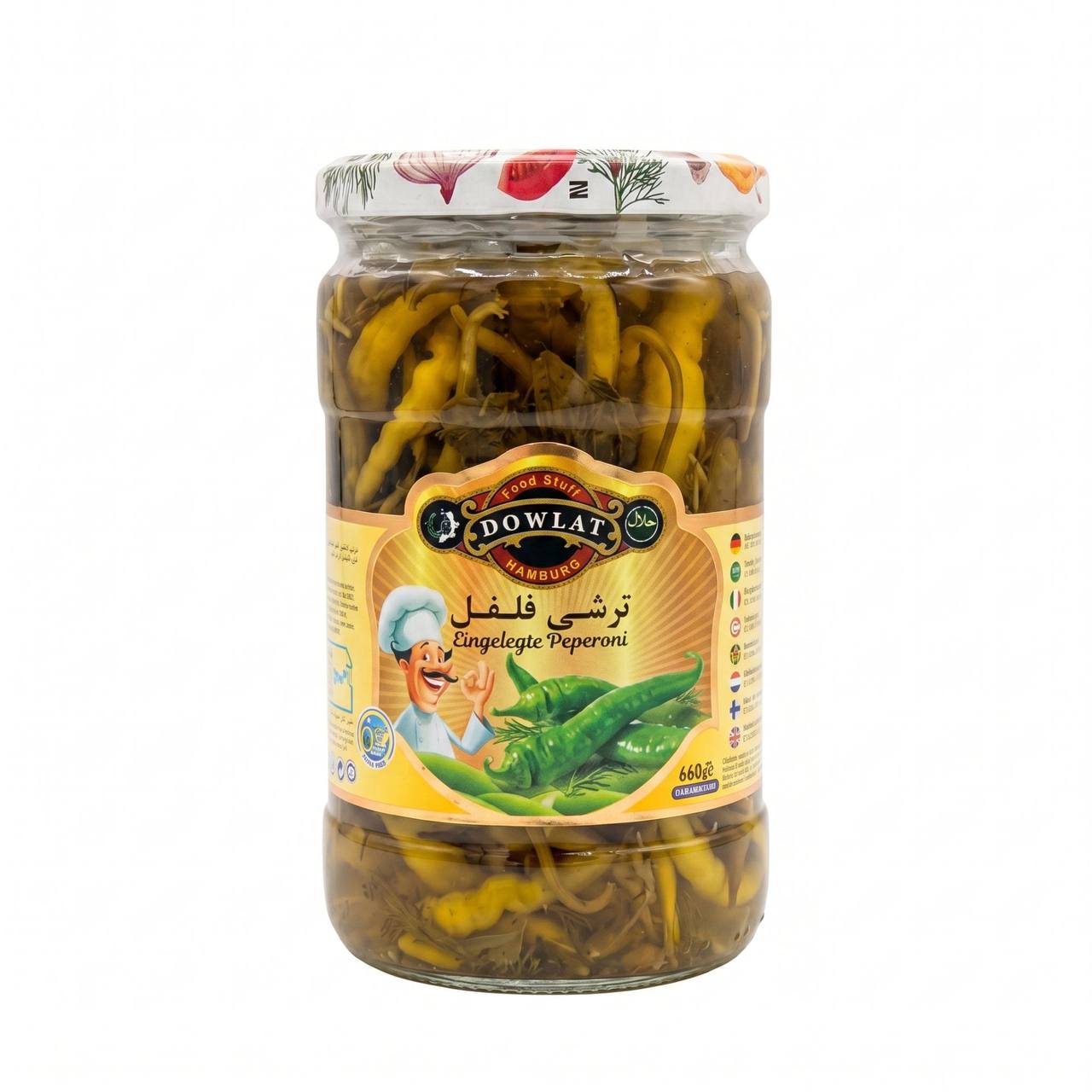 Dowlat Eingelegte Peperoni scharf 660g – Knackige grüne Chilischoten im Glas