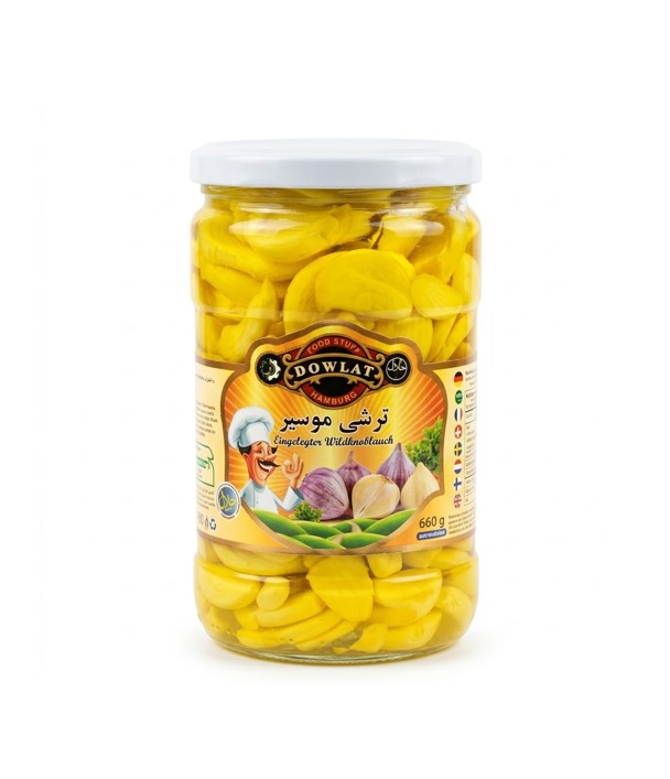 Dowlat Eingelegte Schalotten 660g – Persischer Wildknoblauch in Scheiben (Torshi Musir Glas)