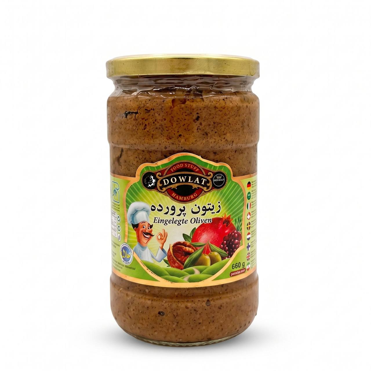 Dowlat Marinierte Oliven Zeytoon Parvardeh 660g – mit Walnuss & Granatapfelpaste (Glas)