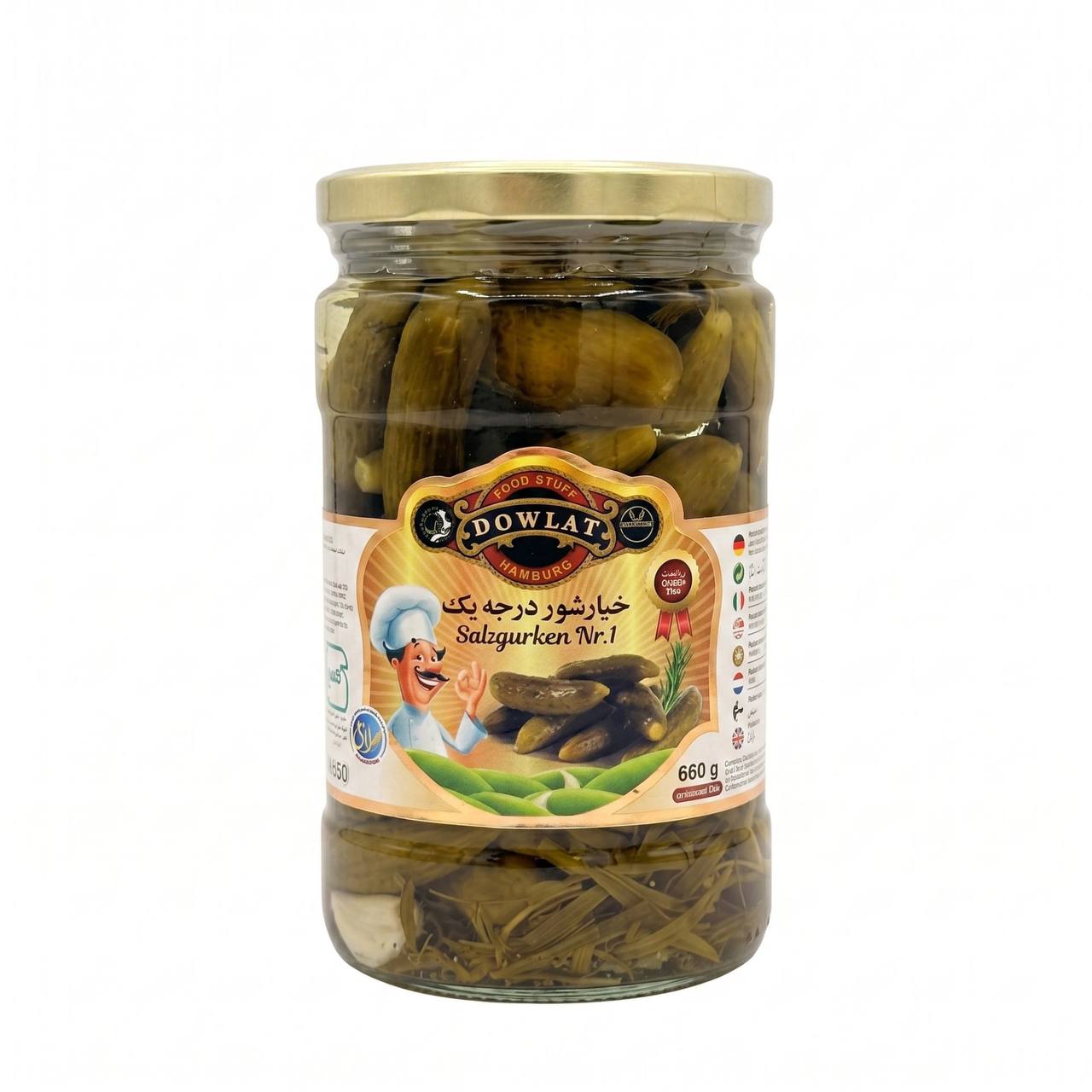 Dowlat Salzgurken Nr.1 660g – Knackige persische Gurken mit Estragon & Knoblauch (Glas)