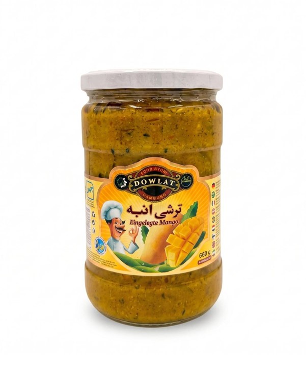 Dowlat Eingelegte Mango 660g – Pikant-würzige Mangostücke im Glas (Torshi Anbeh)