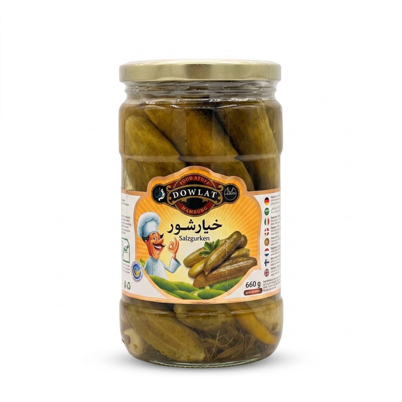 Dowlat Salzgurken Standard 660g – Traditionelle persische Gurken mit Estragon & Knoblauch (Glas)