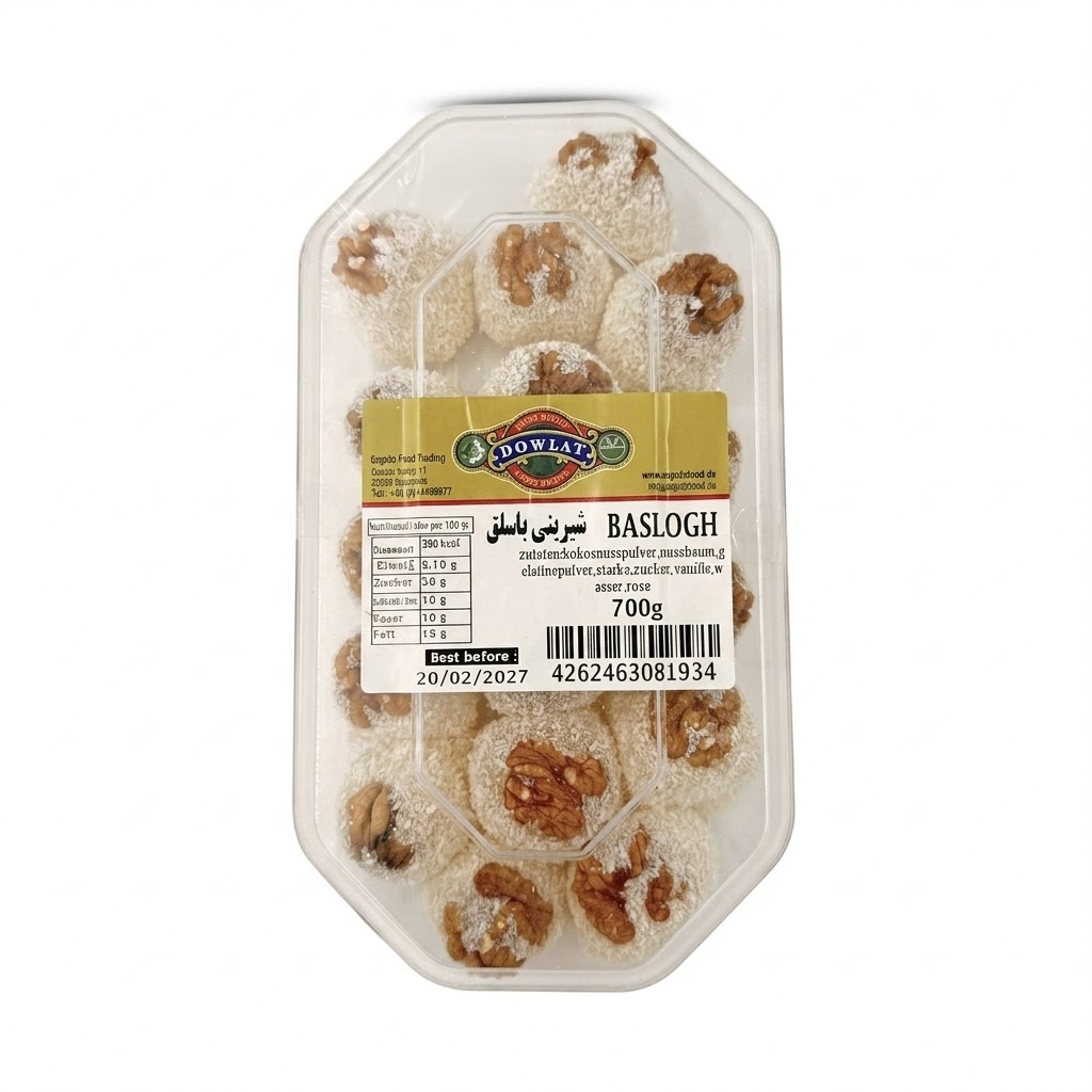 Dowlat Baslogh 700g Box – Traditionelles persisches Walnuss-Konfekt im Kokosmantel