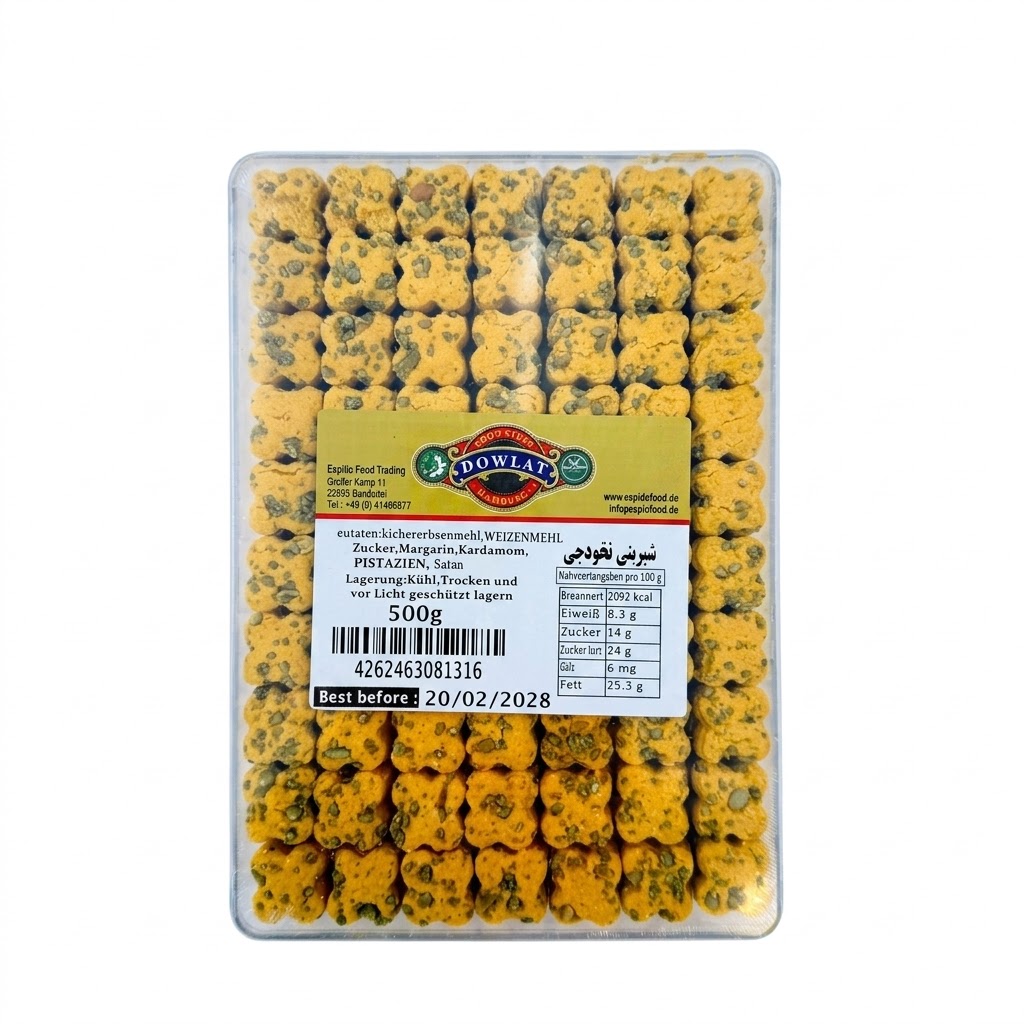 Dowlat Shirini Nokhodchi 500g Box – Traditionelle persische Kichererbsen-Kekse mit Pistazien