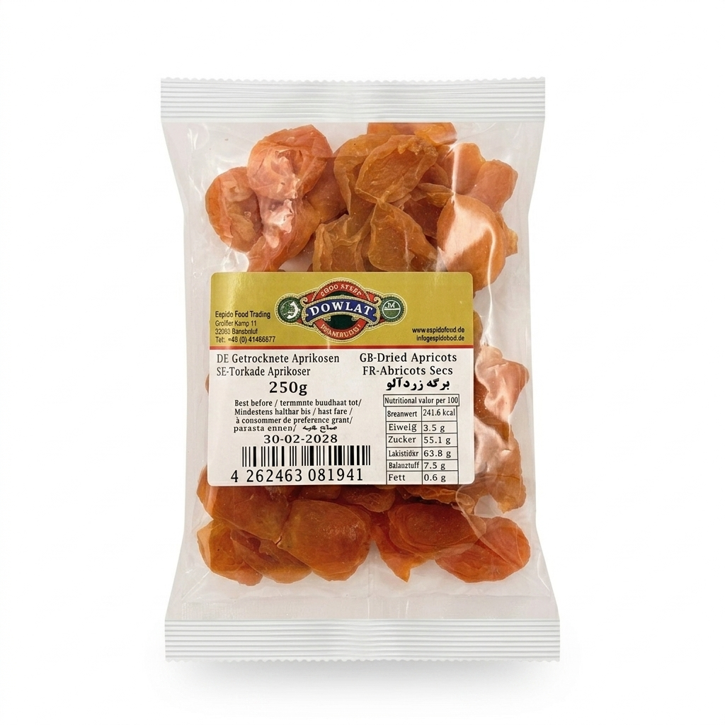 Dowlat Getrocknete Aprikosen (250g) – Persische Aprikosen (Packung)