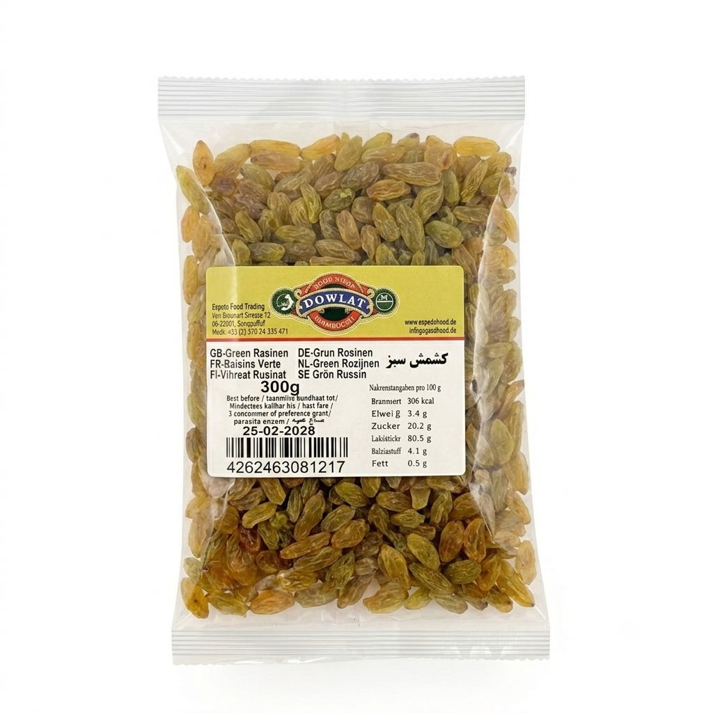Dowlat Grün Rosinen (300g) – Persische grüne Rosinen kernlos (Packung)
