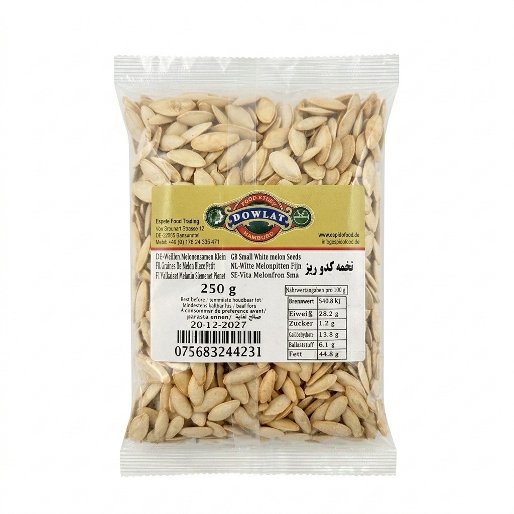 Dowlat Weiße Melonensamen Klein (250g) – Geröstete Kürbiskerne / Tokhme Kadoo Riz (Packung)