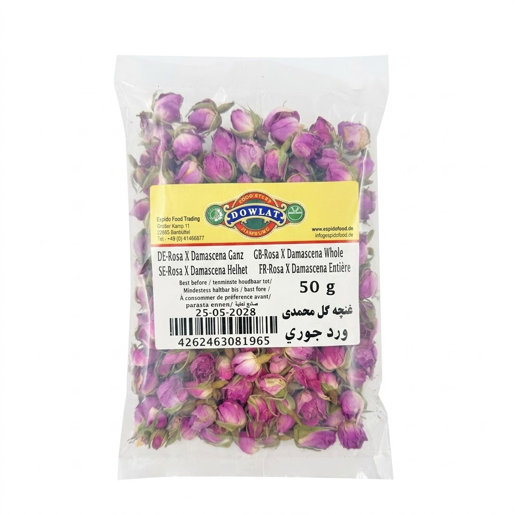 Dowlat Rosa X Damascena Ganz (50g) – Persische Damaszener Rosenknospen getrocknet (Packung)