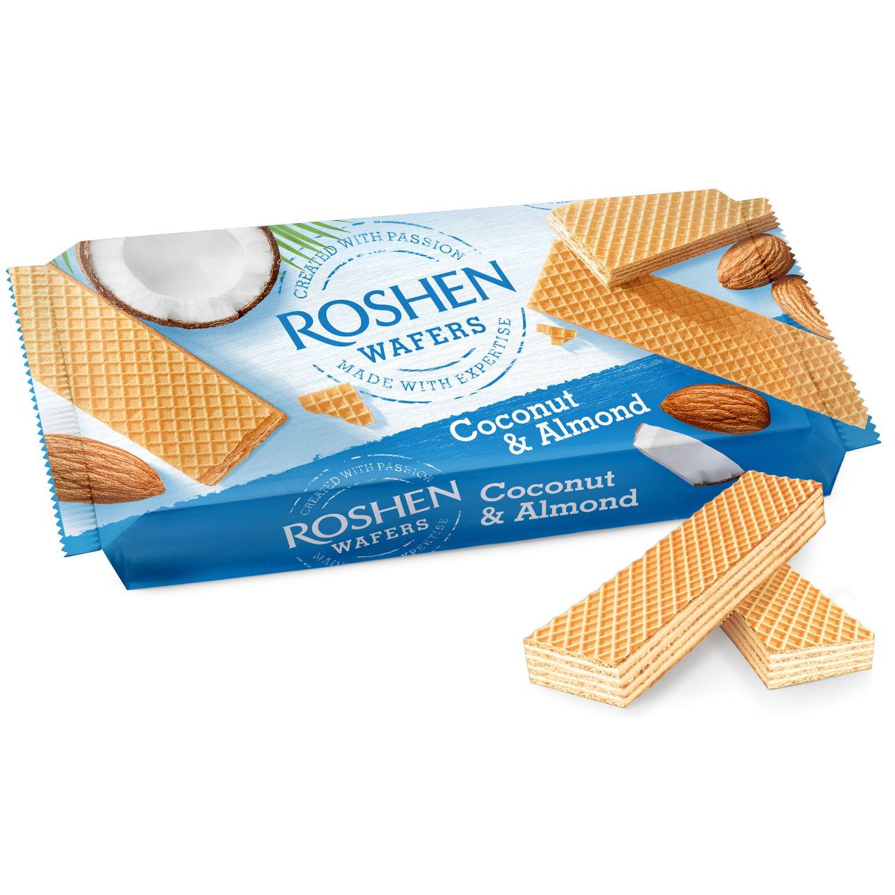 Roshen Waffelschnitten mit Kokos- und Mandelcremefüllung (216g) – Knusprige Waffeln (Packung)