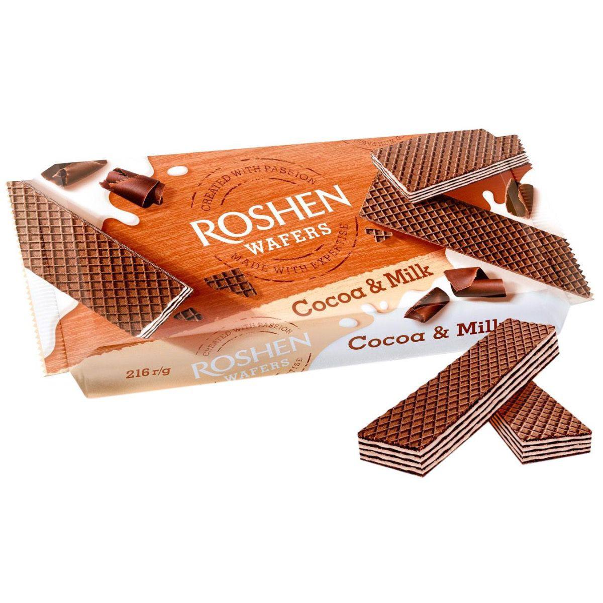 Roshen Waffeln Cocoa & Milk (216g) – Kakaowaffeln mit zarter Milchcremefüllung (Packung)