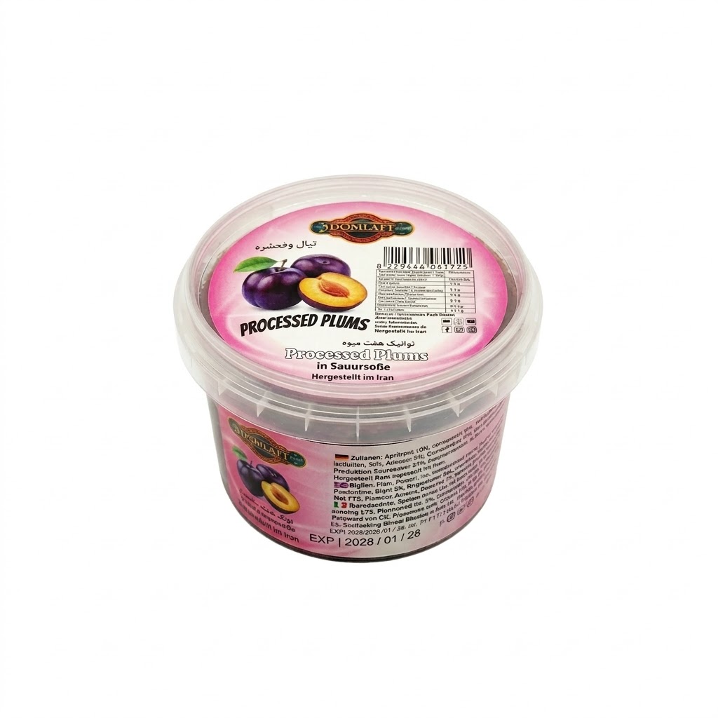Dowlat Verarbeitete Pflaumen in Sauersoße (200g) – Aloo Faravari Shodeh (Dose)