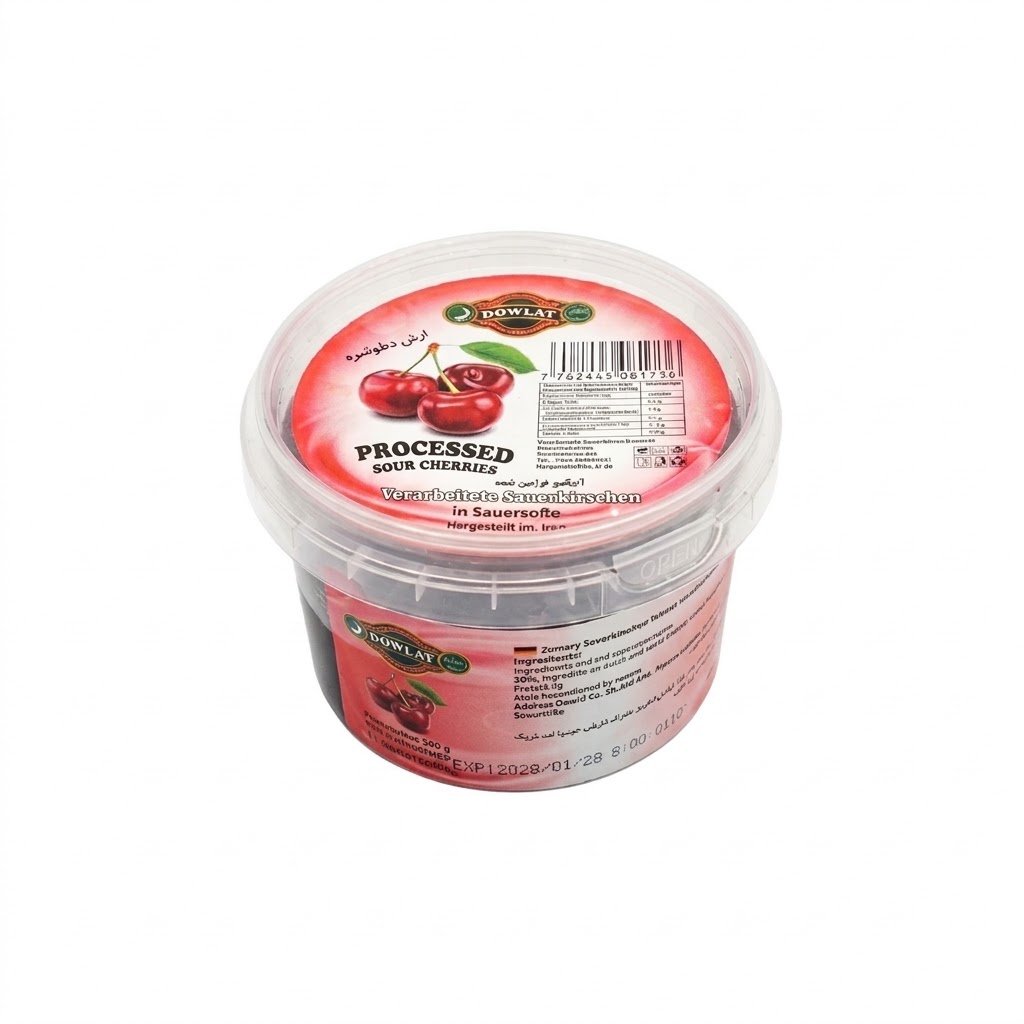 Dowlat Verarbeitete Sauerkirschen in Sauersoße (200g) – Albaloo Faravari Shodeh (Dose)