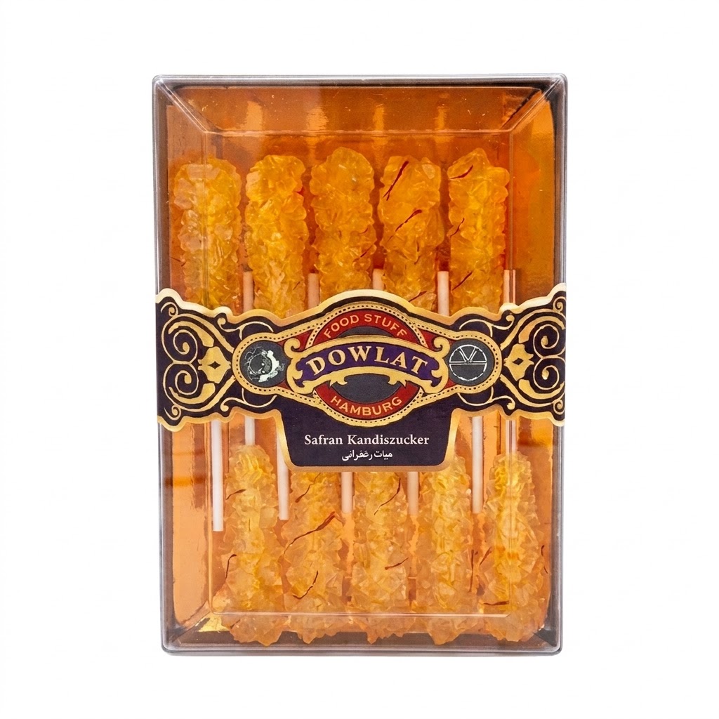 Dowlat Safran Kandiszucker 200g – Edler persischer Kandis am Holzspieß mit echtem Safran (Box)