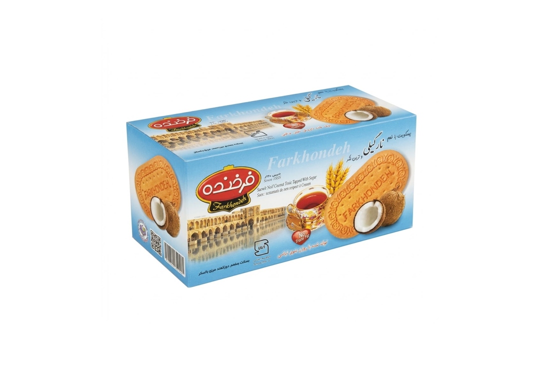 بیسکویت با طعم نارگیل و تزیین شکر فرخنده ۹۰۰ گرمی – بیسکویت پذیرایی گرد سنتی اصفهان (Farkhondeh Coconut Biscuit)
