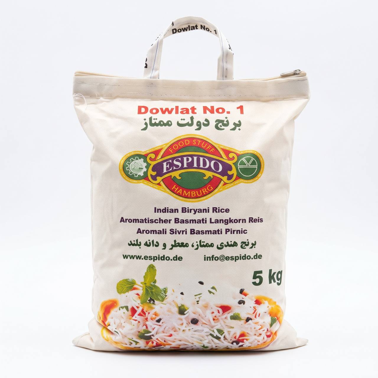 Espido Dowlat No. 1 Aromatischer Basmati Langkorn Reis 5kg – Indischer Premium Biryani Reis (برنج دولت ممتاز)